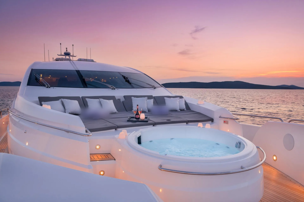 108ft Sunseeker Predator yacht charter Coconut Grove – bow Jacuzzi at sunset