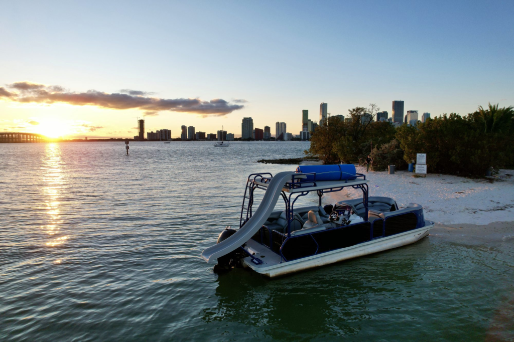30ft pontoon boat charter Coconut Grove – at sunset on Biscayne Bay