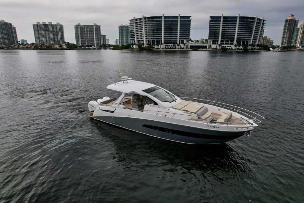 42ft Azimut Verve yacht charter Coconut Grove – aerial view with the skyline
