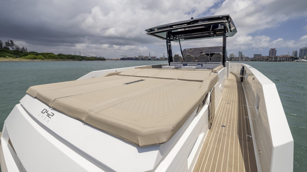 42ft De Antonio D42 yacht charter Coconut Grove – bow sunpad and T-top