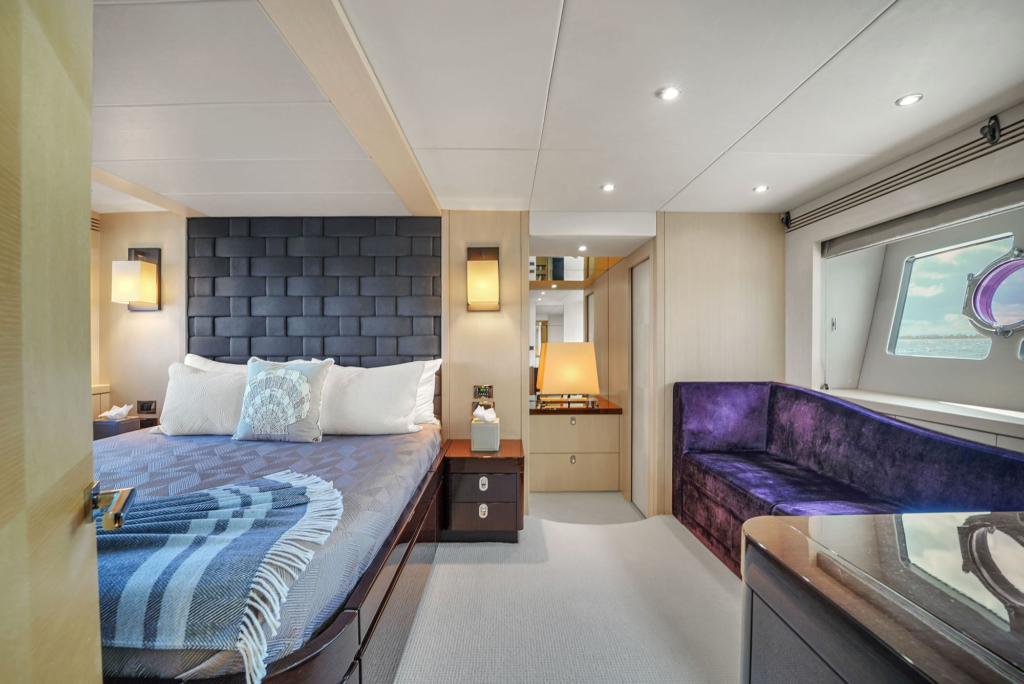 75ft Sunseeker yacht charter Marina Palms – full-beam master stateroom