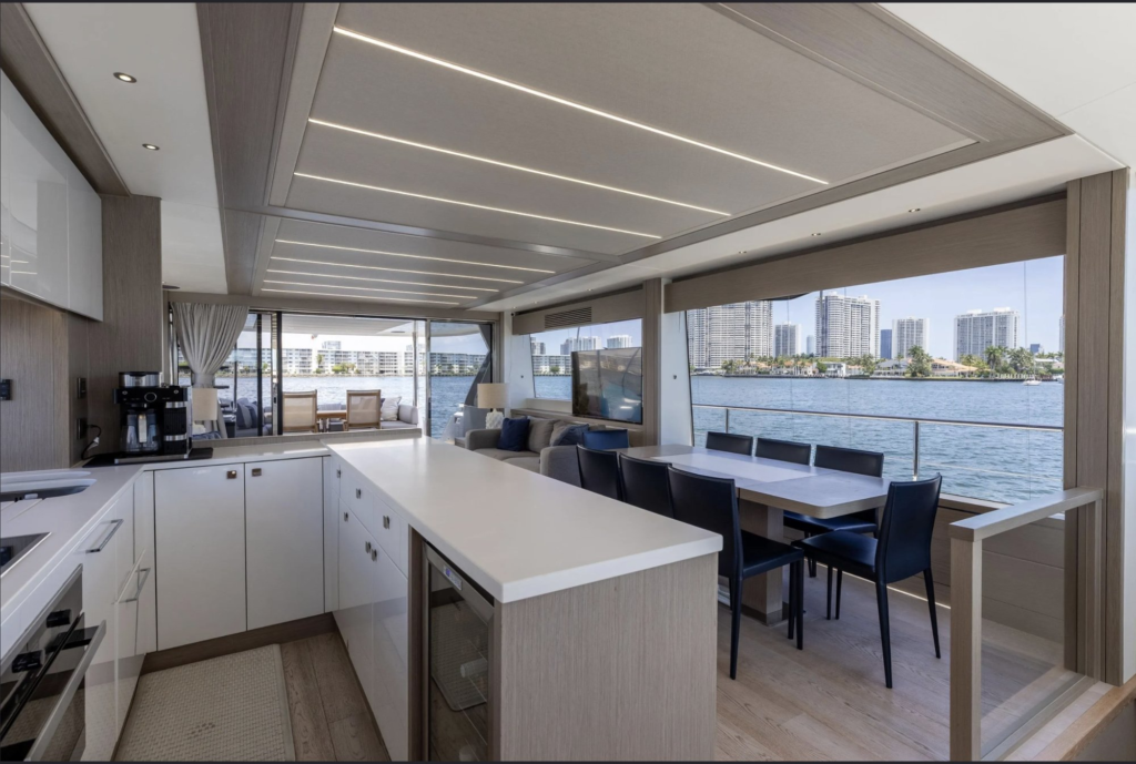 76ft Sunseeker yacht charter Miami – salon dining and galley