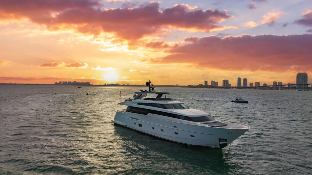97ft Sanlorenzo yacht charter Miami – sunset at anchor